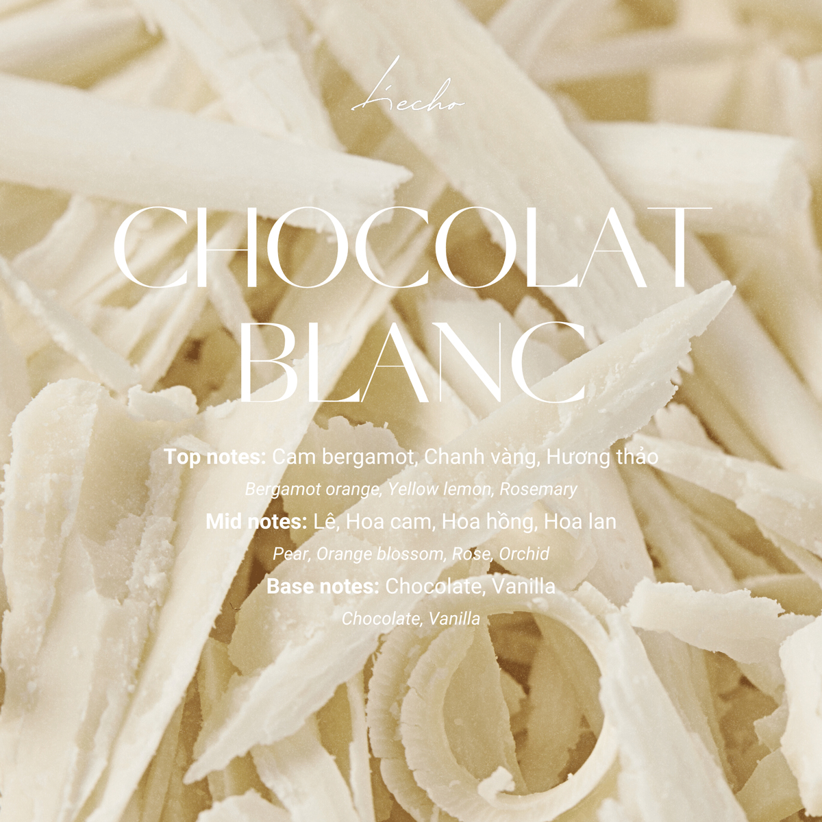 nuoc-hoa-huong-chocolat-blanc Nước hoa Chocolat Blanc L'Echo 50ml với hương cam bergamot, chanh vàng, hương thảo, hoa cam, hoa hồng, hoa lan, cùng chocolate trắng và vanilla ngọt ngào, tươi sáng
